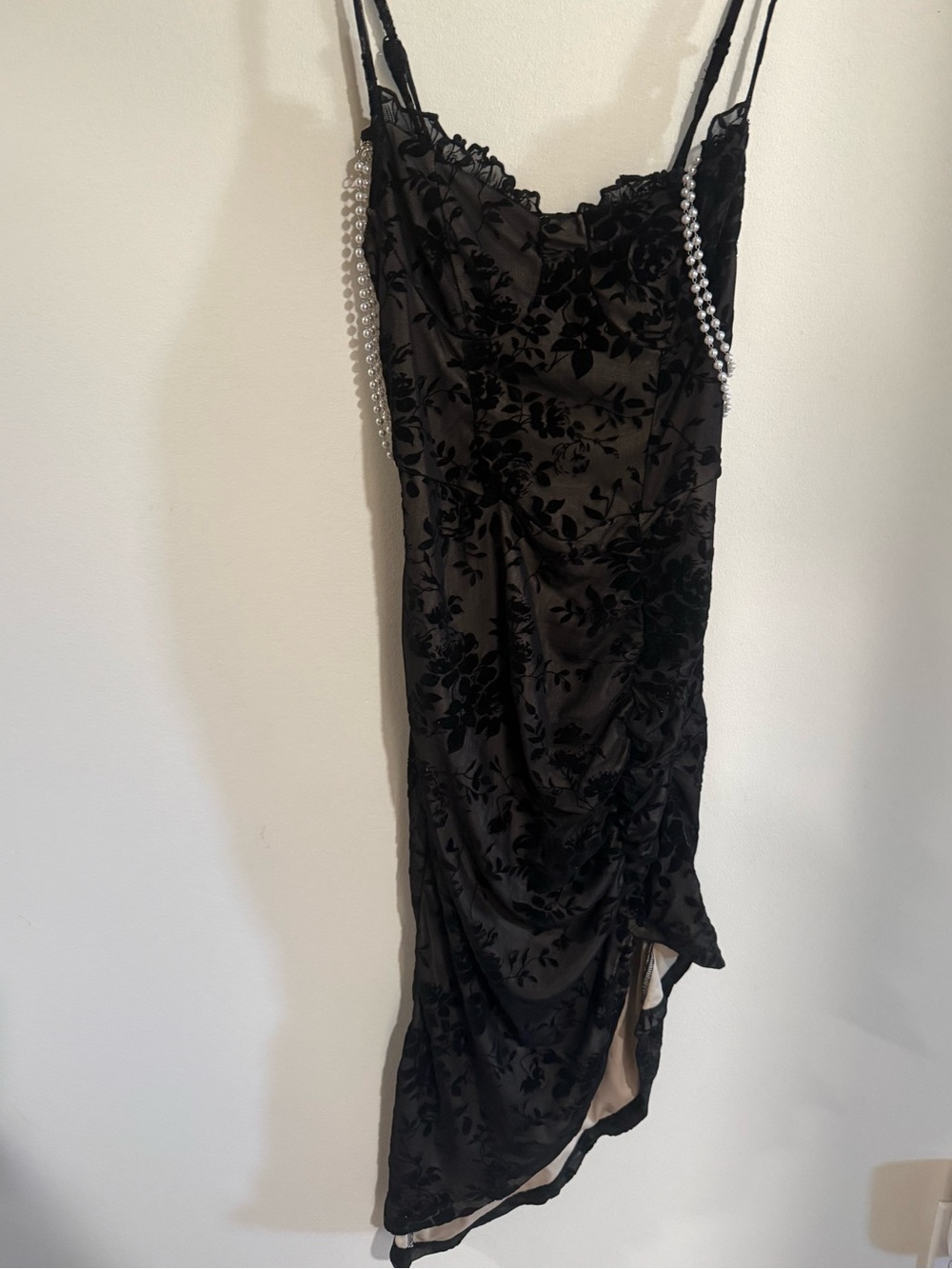 Black Floral Mesh Ruched Mini Dress with Pearl Straps | Women's Small
